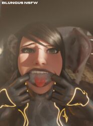 black_hair black_lipstick blungusr18 cheek_pull cum_in_mouth drinking_cum fisheye fishhooking gokkun horse horsecock original_character