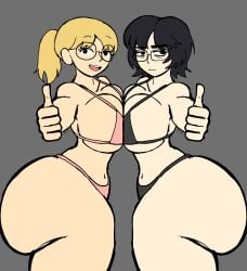 2girls alternate_body_type big_ass big_thighs boob_press boob_squish hourglass_figure hourglass_figured_female huge_ass huge_butt huge_thighs jennifer_(dotodonoto) large_ass large_breasts large_thighs oogadeepend_(artist) skimpy_bikini thick_thighs thumbs_up ye-rim_park_(dotodonoto)