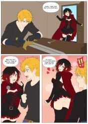 1boy 1boy1girl 1girl 1girls artist_name artist_signature ass belt belt_buckle black_and_red_hair blonde blonde-haired_male blonde_hair blonde_hair_male blue_eyes blush blush_lines blushing cleavage cloak clothed clothed_female clothed_male clothing comic comic_page comic_panel corset door doorway english english_dialogue english_text exclamation_mark exclamation_point flashing flashing_ass heart heart_symbol hood hood_down ibanews1 imminent_sex jaune_arc jeans light-skinned_female light-skinned_male light_skin male/female panties proposal propositioning redhead redhead_female rooster_teeth ruby_rose rwby seduction short_hair silver_eyes skirt sword text thigh_highs thighhighs two-tone_hair viz_media weapon