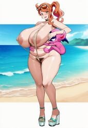 1girls 1pokemon ai-created ai_art ai_generated artist_request bare_shoulders beach bikini busty curvaceous curvy curvy_body curvy_female curvy_figure game_freak heart_hair_ornament height_difference hetero huge_breasts human impidimp interspecies large_breasts long_hair mosaic_censoring naughty_face nintendo orange_hair outdoors outside pink_body pointy_ears pokemon_(species) pokemon_ss pokephilia sexy_body side_ponytail size_difference small_dom_big_sub smalldom smaller_male sonia_(pokemon) stable_diffusion thick_thighs voluptuous voluptuous_body voluptuous_female