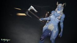 3d axe face_piercings futa_only futanari giantess hairy horns hrima_(stannis031) huge_cock looking_at_viewer muscular_futa nipple_piercing piercings pubic_hair solo solo_futa tattoos veiny veiny_penis yeetiques