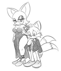 age_difference anthro bat black_and_white breasts canine cleavage clothed clothing dress duo female fox hair hi_res larger_female male mammal monochrome nervous older_female polarplunge rouge_the_bat simple_background size_difference skimpy smaller_male smile sonic_(series) straight suit sweat tails video_games white_background young younger_male