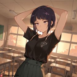 ai_generated anguish beautfiul_background classroom jirou_kyouka medium_breasts stretching stunning_backgroud