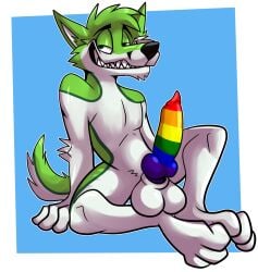 anthro balls black_nose canid canine digital_media_(artwork) fatalsyndrome fidget_the_fox fox fur genitals green_body green_eyes green_fur hair hi_res looking_at_viewer male male_only mammal multicolored_penis nude penis simple_background smile solo tail white_body white_fur