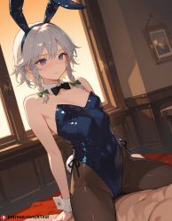 1boy ai_generated blush breasts bunnysuit character_sheet cleavage flat_chest izayoi_sakuya nipple_outline reverse_cowgirl_sex_position