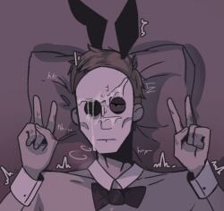 albert_vanderboom bowtie bunny_boy bunny_ears crossdressing cum cum_on_face dilf double_v facial gay logn4tural male male_only mask masked masked_male on_back on_bed peace_sign rusty_lake rusty_lake:_roots solo upper_body v yaoi