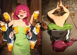 absurd_res absurdres alcohol ass bare_ass beer bocchi_the_rock! braid braided_hair breasts closed_eyes dress dress_lift drugs drunk drunk_female exposed exposed_ass feet feet_up female female_only gotou_hitori green_dress hi_res highres hiroi_kikuri jacket khyleri light-skinned_female light_skin lying lying_on_stomach meme multiple_girls multiple_views night no_bra no_panties no_underwear on_ground open_mouth outdoors pierced_nipples piercing piercings purple_hair sandals see-through see-through_clothing sharp_teeth solo_focus standing thighs wardrobe_malfunction