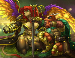 armor breasts cameltoe clothing dragon feathered_wings feathers feline horn hybrid kneeling link2004 lion mammal melee_weapon muscular raining rattios sekhmet_(link2004) sweat sword thick_thighs tight_clothing weapon wings