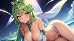 1girls aegis_elysium ai_art ai_generated beach bikini blush blushing_at_viewer breasts cleavage cloud clouds day female_focus gem gloves green_eyes green_hair hair_ornament headpiece highres huge_breasts jewelry large_breasts long_hair looking_at_viewer lying navel original_character outdoors patreon patreon_username sand sea seaside sky solo solo_focus thick_thighs thighs tiara very_long_hair water