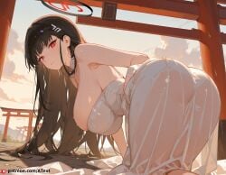 ai_generated armpits ass atext bent_over black_hair blue_archive breasts huge_breasts looking_at_viewer looking_back naughty red_eyes rio_(blue_archive) sweat torii wedding_dress white_dress