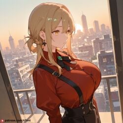 ai_generated beautfiul_background cityscape confused glistening_snow hoshimiya_mukuro huge_breasts over-the-shoulder stunning_backgroud