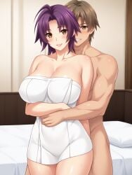 1boy 1boy1girl abs ahoge ai_generated ass azuma_marina bare_shoulders biceps big_ass big_breasts breasts brown_hair cleavage couple embrace female grin hug hug_from_behind huge_ass huge_breasts isogil kashidashi_tsuma_marina_no_"netorase"_houkoku_binkan_tsuma_to_zetsurin_daigakusei muscles muscular_male nude nude_male pecs purple_hair romantic short_hair smile thighs towel