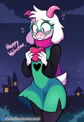 1boy 1femboy ai_generated bluesky_logo bluesky_username blush chocolate_box dark_background deltarune femboy furry glasses goat goat_humanoid horns ralsei solo sweatdrop text valentine's_day yasuhikonsfw