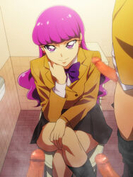 3boys bathroom bow censored clothing female kirakira_precure_a_la_mode kotozume_yukari legs_crossed looking_at_viewer multiple_boys multiple_penises mushiro_(nijie728995) penis precure pretty_cure school_uniform skirt smile stall toilet toilet_paper