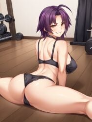 ahoge ai_generated ass azuma_marina bare_shoulders big_ass big_breasts black_bra black_panties black_underwear breasts cleavage female gym huge_ass huge_breasts isogil kashidashi_tsuma_marina_no_"netorase"_houkoku_binkan_tsuma_to_zetsurin_daigakusei purple_hair seductive seductive_eyes seductive_look seductive_smile sexy_pose shiny_skin short_hair smile splits stretching thick_thighs thighs