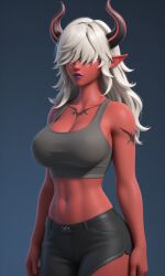 3d ai_generated big_breasts breasts demon demon_girl desdemona_(fortnite) fortnite fortnite:_battle_royale purple_lipstick red_body white_hair