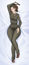 1girls blue_eyes brown_hair call_of_duty call_of_duty_ww2 corporal_green dakimakura dog_tags fully_clothed gun looking_at_viewer lying midra military_hat military_uniform ponytail smile thighs wide_hips