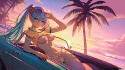 1girls adjusting_eyewear arm_support arm_up artist_name backlighting bikini_tan blue_eyes blue_hair blue_nails bottomless brazilian_flag brazilian_miku breasts breasts_out car closed_mouth convertible crop_top evening eyewear_on_head female flower hair_flower hair_ornament hand_on_eyewear hatsune_miku hibiscus itzah long_hair looking_at_viewer medium_breasts motor_vehicle nail_polish navel nipples off-shoulder_shirt off_shoulder outdoors palm_tree pussy reclining red_flower shirt short_sleeves smile solo sunglasses sunlight sunset tan tanlines tree twintails vocaloid yellow_shirt