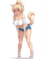 ai_generated bent_over big_breasts blonde_hair blouse cat_ears cat_tail chantum glasses high_heels high_ponytail jean_shorts nipple_bulge open_mouth smiling standing thick_thighs tiffy