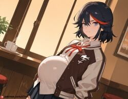 ai_generated beautfiul_background blue_eyes coffee_house flat_chest hair_messy kneeled_seductive letterman_jacket matoi_ryuuko neck_ribbon open_clothes pleated_skirt pregnant short_hair smug streaked_hair stunning_backgroud sweat white_collared_shirt