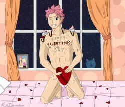 1boy 2025 bedroom chocolate convenient_censoring fairy_tail frosting kneeling_on_bed lavendearart naked_male natsu_dragneel nude nude_male pink_hair pinup pinup_pose rose_petals sole_male tasteful_nudity tattoo tattoo_on_shoulder valentine's_day whipped_cream wink winking winking_at_viewer