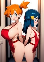 2girls ai_generated aioddity apron ass-to-ass blue_eyes blue_hair blush breasts cowboy_shot dawn_(pokemon) female female_only hands_behind_back heart huge_breasts kasumi_(pokemon) long_hair looking_at_viewer naked_apron orange_hair pokemon pokemon_(anime) short_hair side_ponytail sideboob small_breasts smile valentine's_day