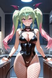 ai_generated angry blush blush bracelet choker clenched_teeth clothed_navel cute fishnet_stockings fishnets green_hair heart_cutout heart_symbol kitchen leather_clothing long_hair looking_at_viewer pink_hair purple_eyes succubus succubus_horns succubus_tail thigh_gap thighs two_tone_hair