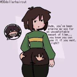 2boys androgynous annoyed ass big_ass brown_hair bubble_butt chara clothed dialogue femboy feminine_male frisk grabbing_ass grin grinning groping_ass hands_on_ass human human_only looking_at_another looking_back male_only offscreen_character offscreen_male self_upload shorts smiling tagme text toby_fox undertale undertale_(series)