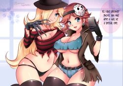 2girls a_nightmare_on_elm_street black_panties blonde_hair blue_eyes breasts brown_hair cellphone claws cleavage cosplay earrings flower_earrings freddy_krueger freddy_krueger_(cosplay) friday_the_13th gloves grin hair_over_one_eye halloween_costume hat jason_voorhees jason_voorhees_(cosplay) jewelry large_breasts looking_at_viewer mario_(series) mask md5_mismatch midriff multiple_girls navel nintendo panties phone princess_daisy princess_rosalina resolution_mismatch shiny_skin shorts smile source_larger speech_bubble sugarbell super_mario_galaxy super_mario_land thighs tomboy underwear