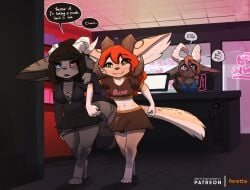anthro big_ears black_hair blue_eyes brown_body brown_fur brown_hair choker clothed clothing english_text female femboy feretta fur genitals green_eyes grey_body grey_fur hair heterochromia hi_res horn imp impkin jewelry male multicolored_eye necklace orange_hair partially_clothed penis short_stack store tan_body tan_fur text underwear underwear_down undressing white_body white_fur