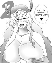 1girls blush blush_lines breasts breasts_bigger_than_head breasts_out closed_eyes dragon_girl dragon_maid english english_text female greyscale halftone hand_on_cheek happy hat horn kinktober kinktober_2025 lfam lucoa lucoa_(maidragon) miss_kobayashi's_dragon_maid mommy_kink quetzalcoatl_(dragon_maid) self_upload tagme text text_bubble