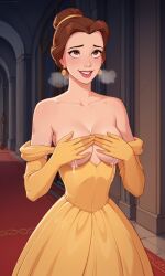 ai_generated ass belle belle_(beauty_and_the_beast) bigmic145 breasts cleavage disney disney_princess dress elbow_gloves female lactating lactation princess sexually_suggestive solo_female yellow_dress