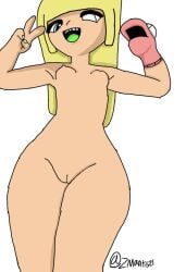 blonde_hair blue_eye green_tongue half_blind nude small_breasts sock sock_puppet solo_female white_eye