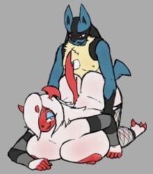 absol anthro ass big_breasts breast_squish breasts clothing doggy_style duo female fishnet_clothing fishnet_legwear from_behind_position generation_3_pokemon generation_4_pokemon hi_res huge_breasts legwear lemendigogoat lucario male male/female nintendo pokemon pokemon_(species) sex squish