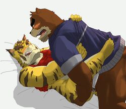 anal anthro ass bear blush bottomless clothed clothing colored feline juuichi_mikazuki male mammal morenatsu muscular simple_background tiger torahiko_(morenatsu) unknown_artist white_background yaoi