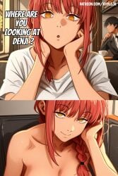 ai_generated chainsaw_man coffe_shop coffee_cup coloured date denji_(chainsaw_man) human human_only khylejr makima_(chainsaw_man) naked nipples pov red_hair self_upload spiral_eyes white_shirt