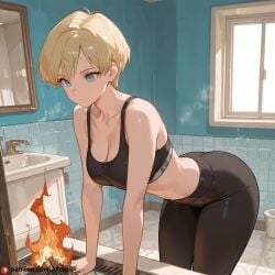 ai_generated bathroom bending_forward blonde_hair blue_eyes breasts dragon_ball erasa expressionless fire large_breasts sports_bra yoga_pants