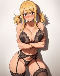 1girls ai_generated arms_under_breasts bangs bare_shoulders black_bra black_clothes black_legwear black_panties black_thighhighs black_underwear blonde_hair blush bra breasts brown_eyes clavicle cleavage closed_mouth clothing cowboy_shot crossed_arms curvaceous curvaceous_female curvaceous_figure curvy curvy_figure fairy_tail female female female_focus female_only frown garter_belt garter_straps hair_between_eyes highleg highleg_panties huge_breasts inviting inviting_to_sex lace lace_trim large_breasts legwear lingerie long_hair looking_at_viewer lucy_heartfilia navel pantsu presenting presenting_ass presenting_hindquarters presenting_self rose_print seductive seductive_look seductive_smile see-through sidelocks simple_background skindentation solo standing sweat thick_thighs thighhighs thighs tied_hair twintails underwear underwear_only voluptuous voluptuous_female waifuinvoker wide_hips