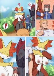 absurd_res anthro areola big_breasts blush breasts calem_(pokemon) canid canine clothed clothing delphox female fur generation_5_pokemon generation_6_pokemon genitals hair hi_res human inner_ear_fluff male mammal nintendo nipples nude pokemon pokemon_(species) pussy san_ruishin smile tuft yellow_body zoroark