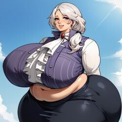 ai_generated alternate_body_type ascot bbw belly_button big_breasts blue_eyes bottom_heavy civitai curvaceous curvy curvy_female curvy_figure fat fat_ass fat_breasts fat_tits fat_woman low_ponytail midriff overweight overweight_female ponytail purple_vest round_ass round_belly round_butt rwby ssbbw thick_ass thick_legs thick_thighs top_heavy vest white_hair willow_schnee