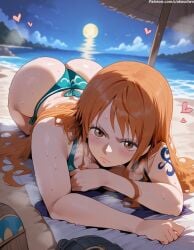 1female 1girls ai_assisted ai_generated akwxitwo armpits ass beach big_ass big_breasts big_butt big_thighs bikini brown_eyes cloud clouds curvy curvy_female curvy_figure female female female_focus heart heart hearts_around_head human large_ass large_breasts laying_down laying_on_stomach long_hair mature_female nami nami_(one_piece) night night_sky on_top one_piece orange_hair pillow sand serious sex sheet_grab sheets straight sweat sweatdrop sweating sweaty tattoo tattooed_arm thighs touching_breast voluptuous voluptuous_female water wood