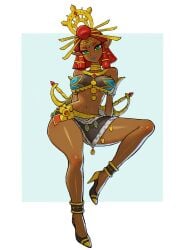 breath_of_the_wild crown dark-skinned_female dark_skin datinsl gerudo green_eyes heels jewelry legs lipstick looking_at_viewer makeup nintendo pointy_ear pointy_ears red_hair riju short_hair solo solo_female solo_focus sword tears_of_the_kingdom the_legend_of_zelda thighs