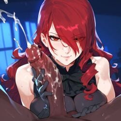 1boy 1girls ai_generated cum dark-skinned_male ded_173 handjob huge_cock mitsuru_kirijo persona persona_3 persona_5 red_eyes red_hair