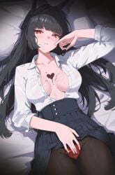 anthro black_hair breasts chocolate chocolate_on_body chocolate_on_breasts covering_crotch fox fox_ears fox_girl hoshimi_miyabi medium_breasts nvl pantyhose red_eyes saliva_string seductive skirt unbuttoned valentine's_day zenless_zone_zero