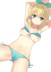 >:( arms_up bikini bikini_lift blonde_hair blue_bikini blue_eyes bound bound_wrists breasts cum cum_on_body cum_on_breasts cum_on_hair cum_on_upper_body facial female glaring hair_ornament hairband highres looking_at_viewer lying medium_breasts navel nipples on_back rokudenashi_majutsu_koushi_to_akashic_record rumia_tingel scowl short_hair side-tie_bikini solo swimsuit tama_tanuki wet white_background x_hair_ornament