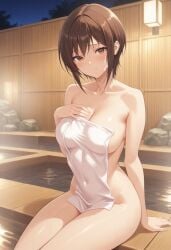 "swilios" ai_generated bathhouse bathing blush brown_hair female hot_spring medium_breasts nude nude_female onsen original original_character shy sitting towel towel_only