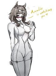 blush blushing_face blushing_female bodysuit ear_piercing exposed_breast exposing female female glasses hair_accessory hair_band jackal meredith_(strinova) open_bodysuit showing_breast strinova text