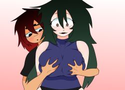 2girls big_breasts big_breasts breast_grab dark_skin dirty_talk embarrassed girl_on_girl goth goth_girl green_hair original_character original_characters piercing piercings red_hair squished_breasts white_skin