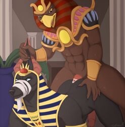 all_fours anal anthro anubis_(smite) avian avoid_posting bandage bondage cum deity doggy_style egyptian from_behind_position furry gay male male_only penis ra_(smite) sex smite venerit yaoi