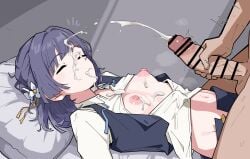 1boy absurdres bar_censor breasts censored closed_eyes commentary cum cum_on_body ejaculation facial female flower gakuen_idolmaster hair_ornament hataya_misuzu highres idolmaster lying male_masturbation masturbation nipples ohgi910 penis sleep_molestation small_breasts straight variant_set